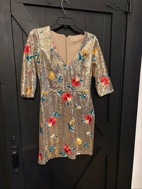 Gold Sequin Floral V-Neck Dress with Red & Teal Embroidery